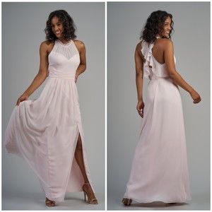 B2 Poly Chiffon Long Bridesmaid Dress with Jewel Neckline
